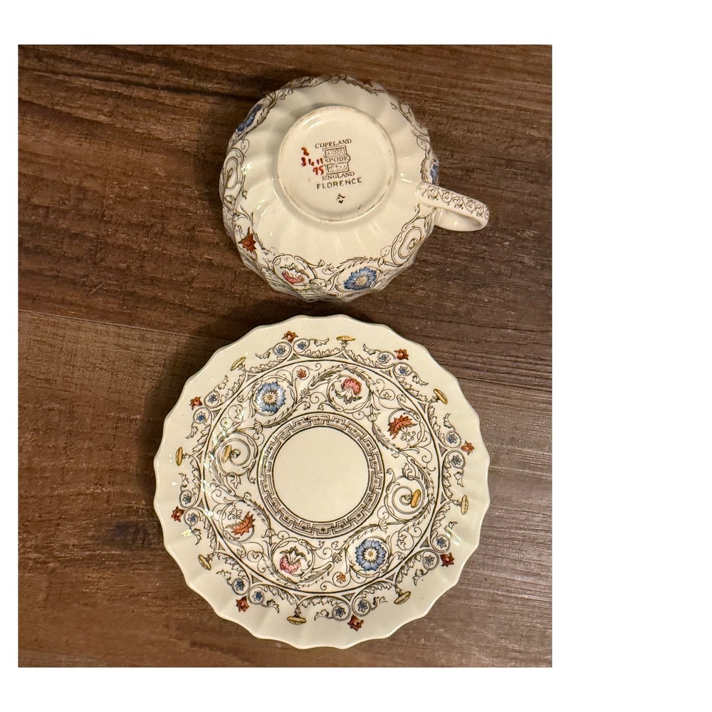 Copeland Spode Florence Teacup and Saucer Set Vintage English China Floral Greek